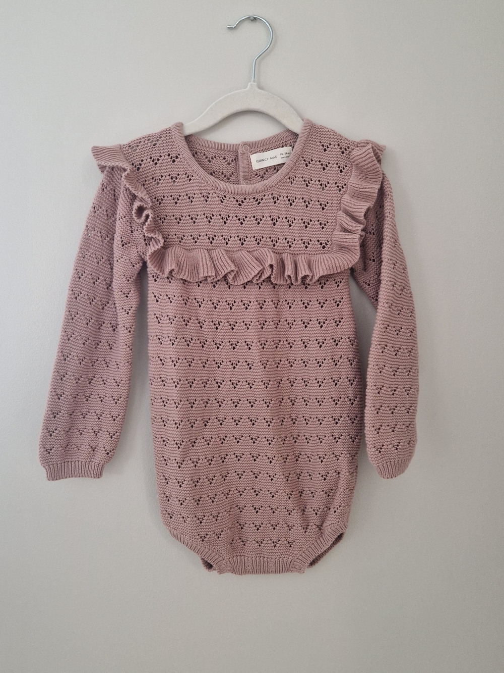 Quincy Mae Dusty Pink Knit Ruffle-Trim Baby Romper